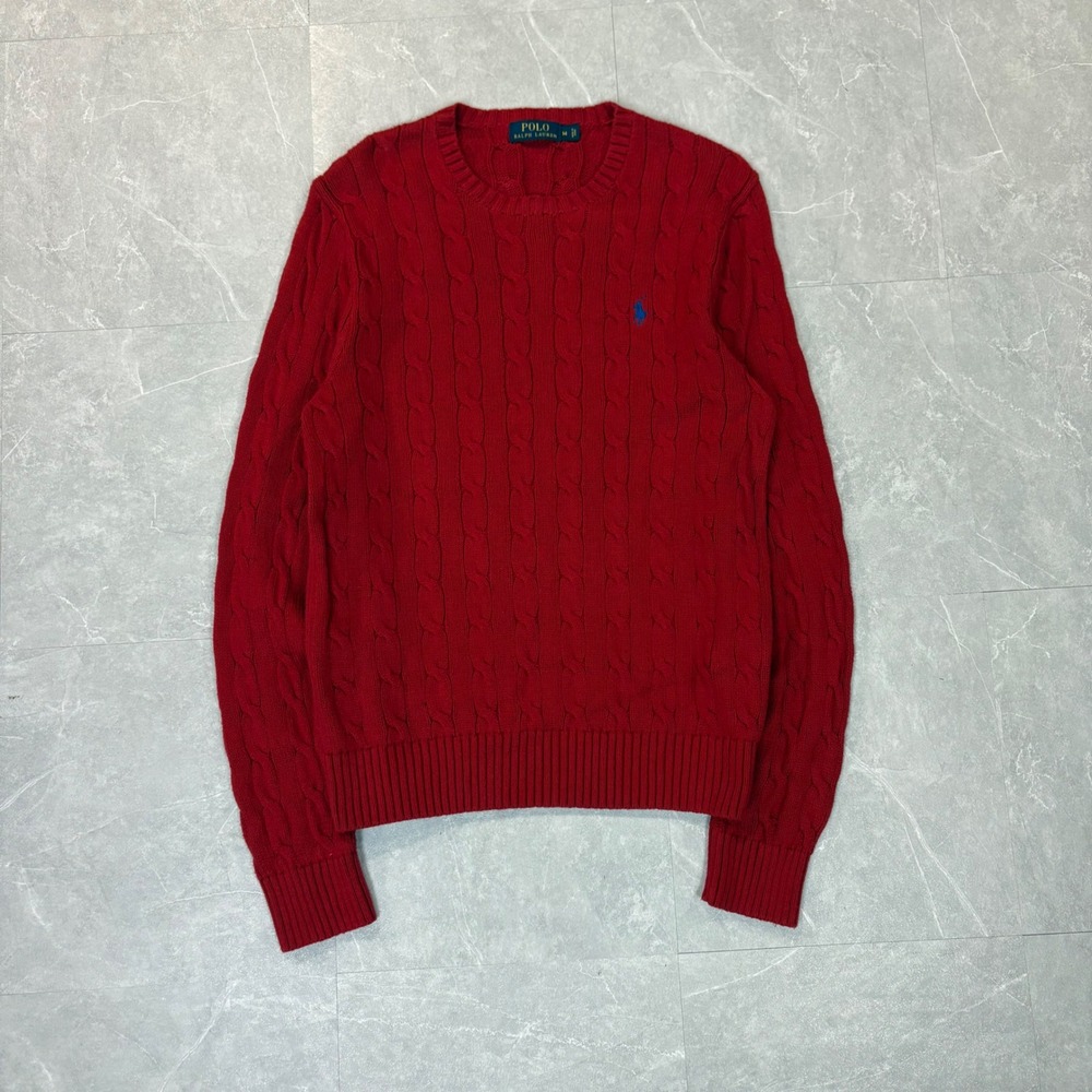 Polo Ralph Lauren Red Cable Knit Sweater Mens Medium Blue Pony Crew Neck